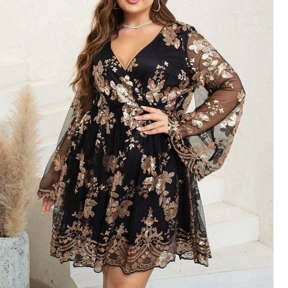Luxe Floral Sequin Embroidered Sheer Sleeve Party Dress - Picture 11 of 11